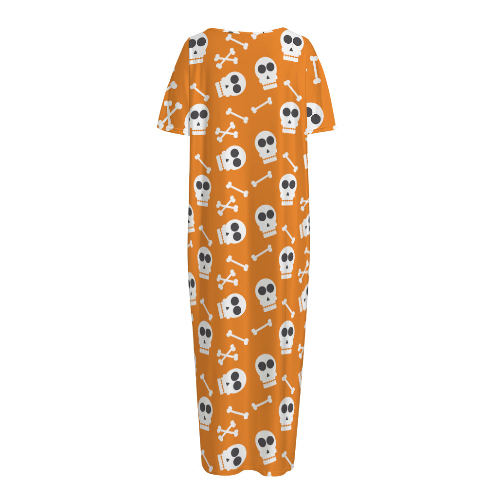 Halloween Skull Pattern Print Short Sleeve Long Nightdress