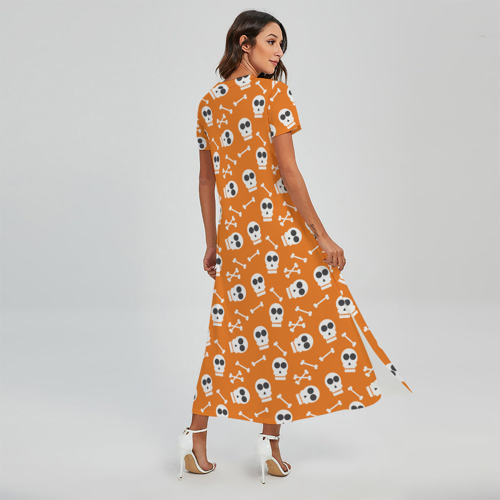 Halloween Skull Pattern Print Short Sleeve Maxi Dress
