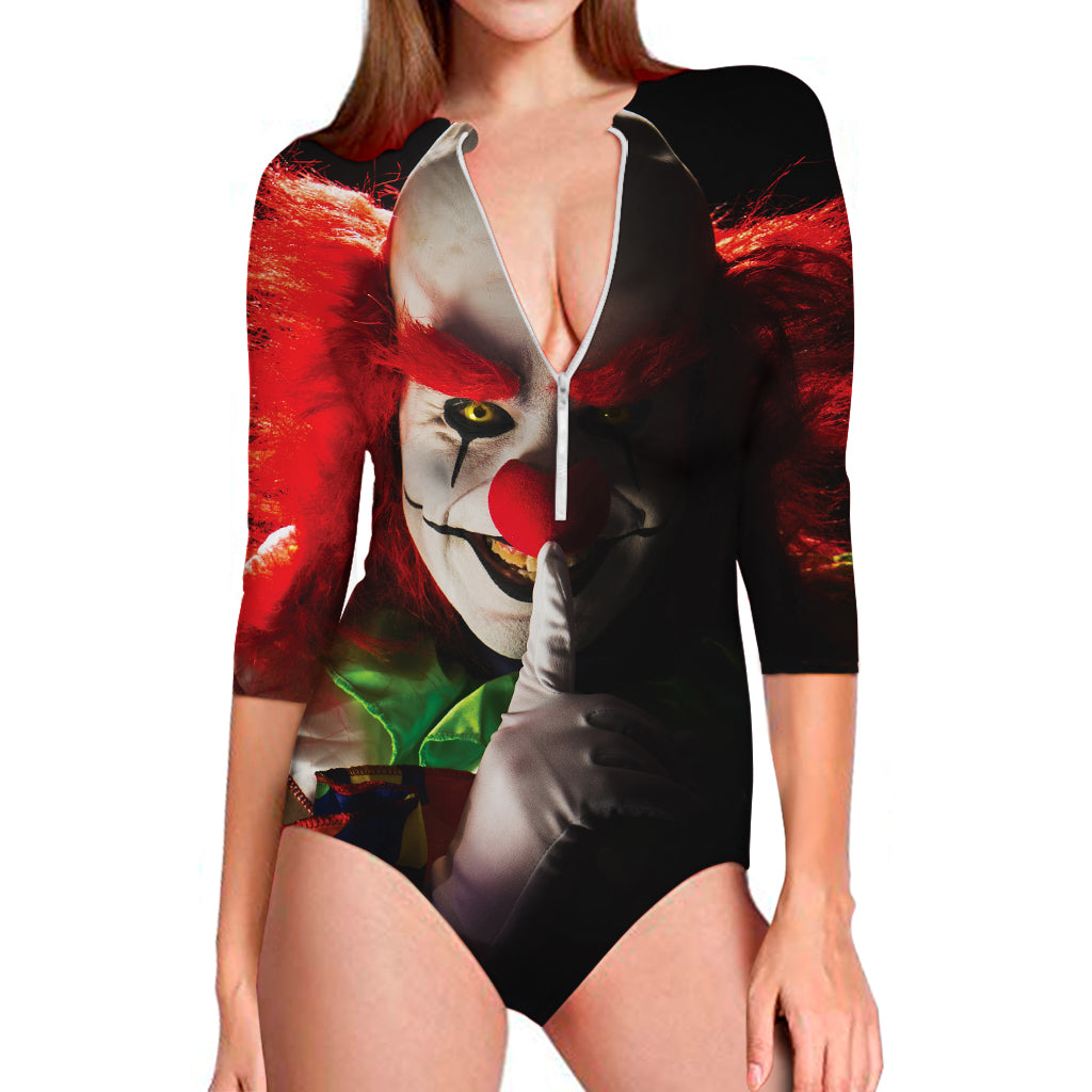 Halloween Smiling Clown Print Long Sleeve Swimsuit