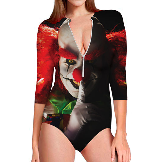 Halloween Smiling Clown Print Long Sleeve Swimsuit