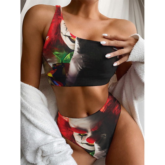 Halloween Smiling Clown Print One Shoulder Bikini Top