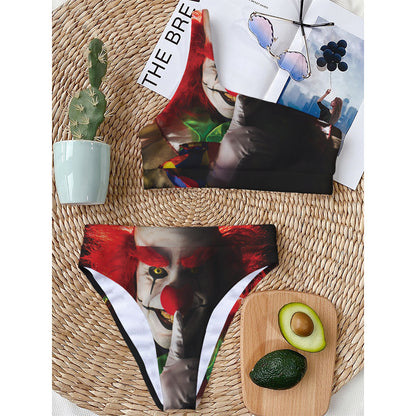 Halloween Smiling Clown Print One Shoulder Bikini Top