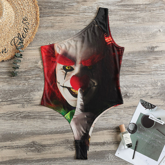 Halloween Smiling Clown Print One Shoulder Bodysuit