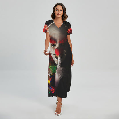 Halloween Smiling Clown Print Short Sleeve Maxi Dress