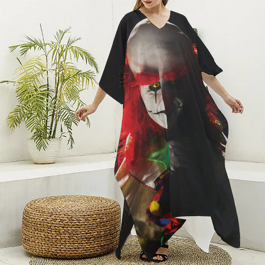 Halloween Smiling Clown Print Silk V-Neck Kaftan Dress