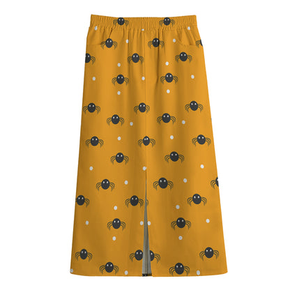 Halloween Spider Pattern Print Cotton Front Slit Maxi Skirt