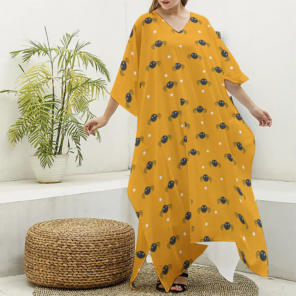 Halloween Spider Pattern Print Silk V-Neck Kaftan Dress