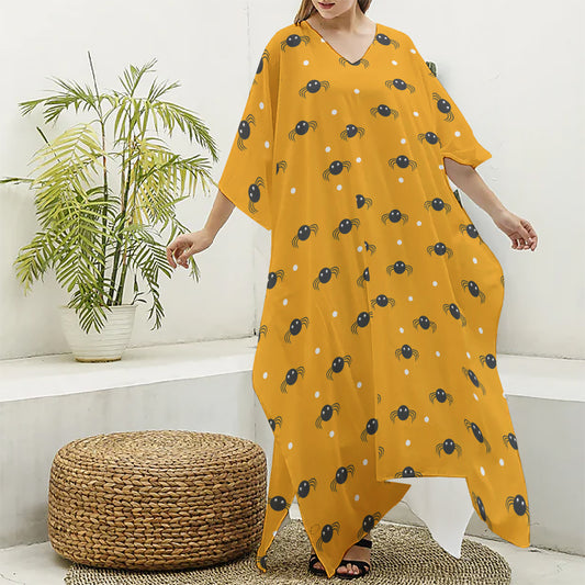 Halloween Spider Pattern Print Silk V-Neck Kaftan Dress