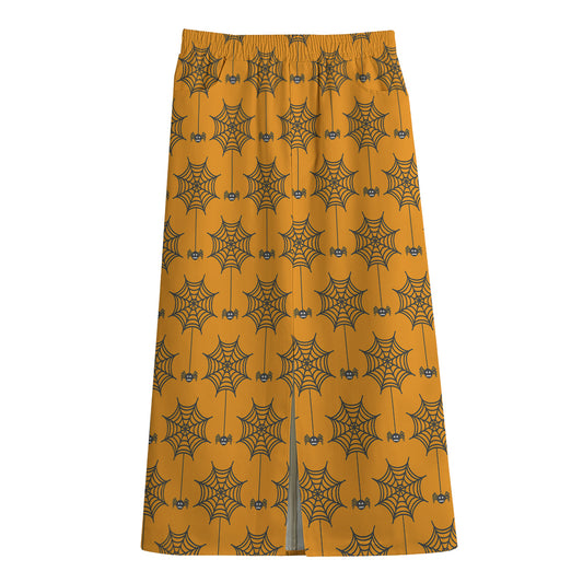 Halloween Spider Web Pattern Print Cotton Front Slit Maxi Skirt