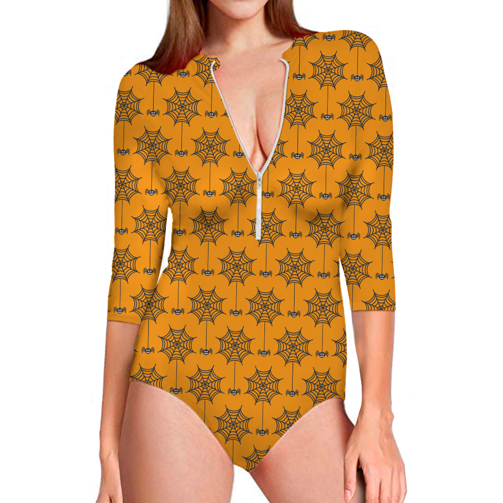 Halloween Spider Web Pattern Print Long Sleeve Swimsuit