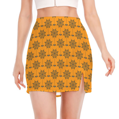 Halloween Spider Web Pattern Print Side Slit Mini Skirt
