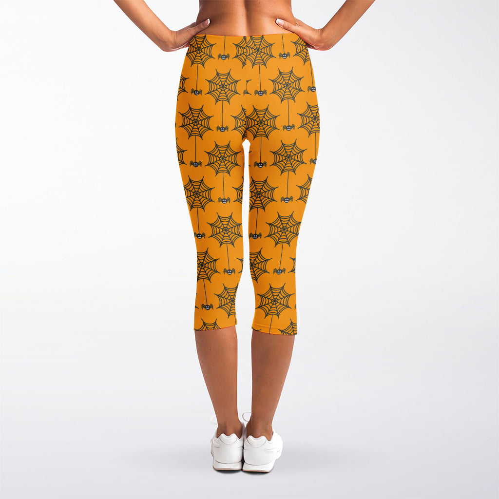 Halloween Spider Web Pattern Print Women's Capri Leggings