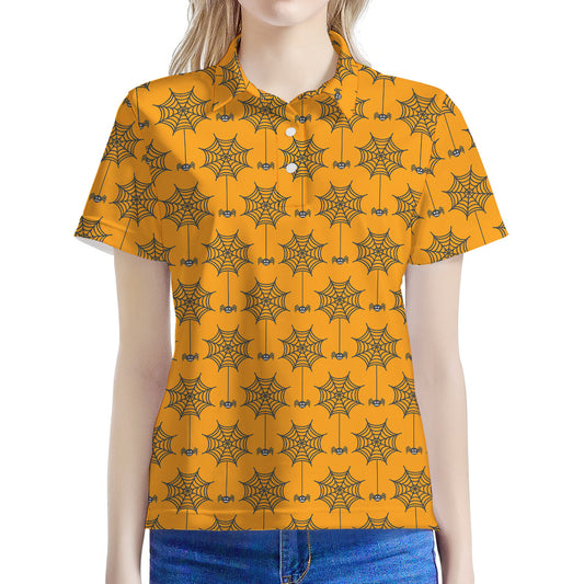 Halloween Spider Web Pattern Print Women's Polo Shirt
