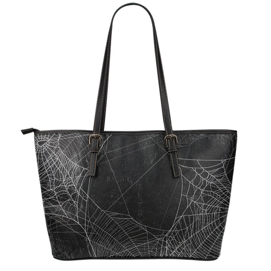 Halloween Spider Web Print Leather Tote Bag