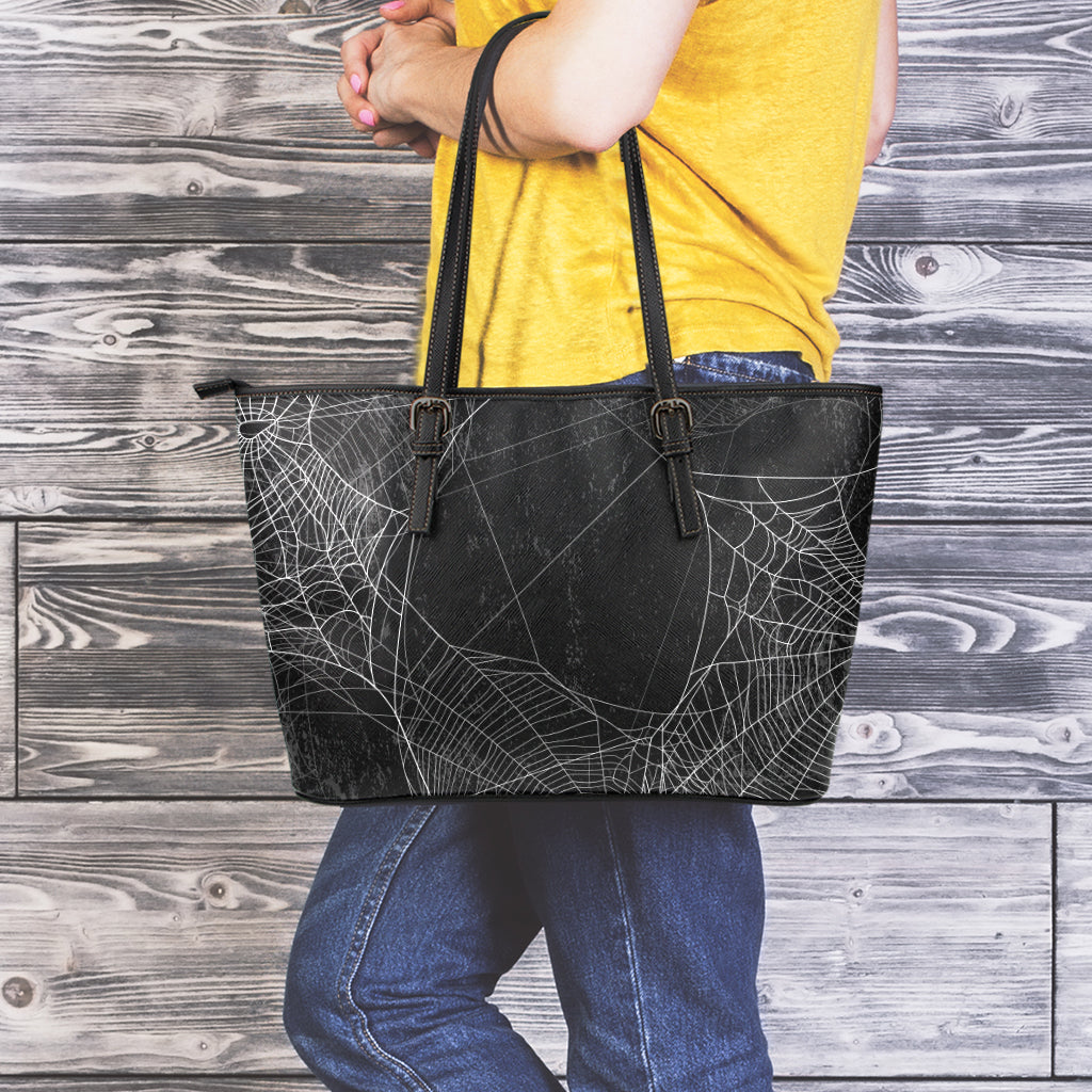 Halloween Spider Web Print Leather Tote Bag