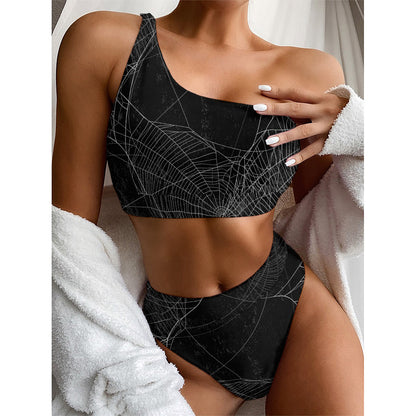 Halloween Spider Web Print One Shoulder Bikini Top