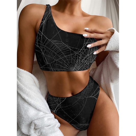 Halloween Spider Web Print One Shoulder Bikini Top