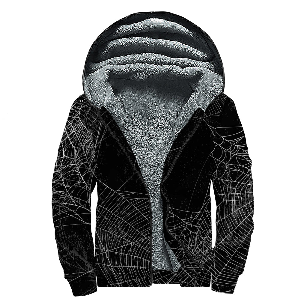 Halloween Spider Web Print Sherpa Lined Zip Up Hoodie
