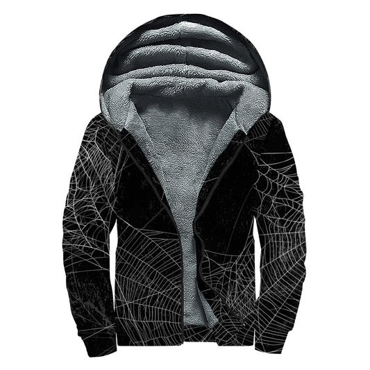 Halloween Spider Web Print Sherpa Lined Zip Up Hoodie