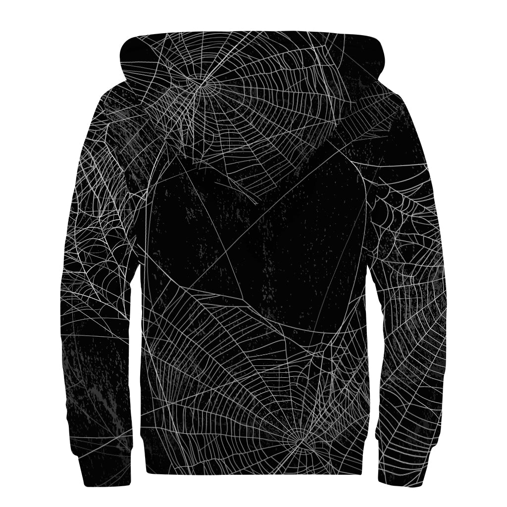 Halloween Spider Web Print Sherpa Lined Zip Up Hoodie