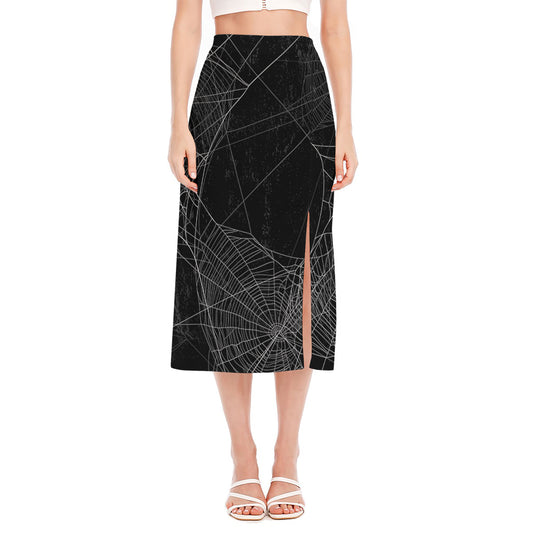 Halloween Spider Web Print Side Slit Midi Skirt