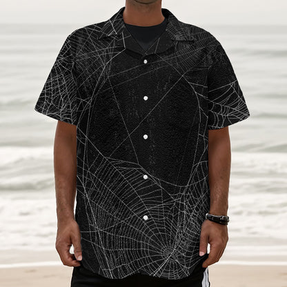 Halloween Spider Web Print Textured Short Sleeve Shirt