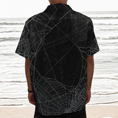 Halloween Spider Web Print Textured Short Sleeve Shirt
