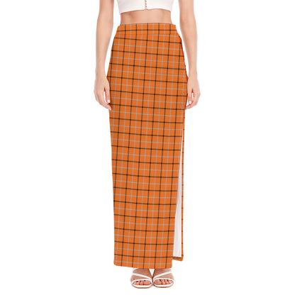 Halloween Tattersall Pattern Print High Slit Maxi Skirt