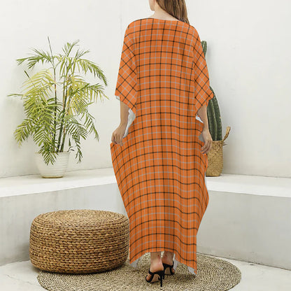 Halloween Tattersall Pattern Print Silk V-Neck Kaftan Dress