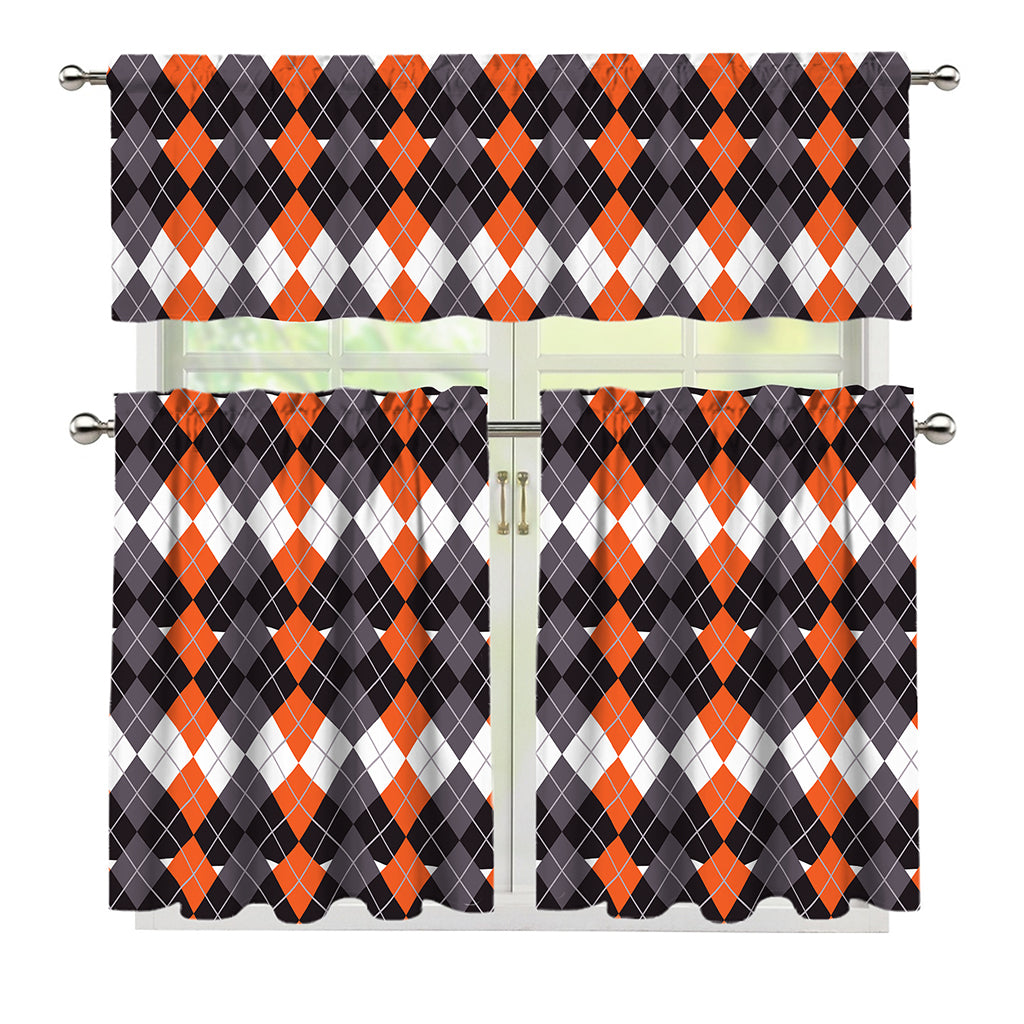 Halloween Themed Argyle Pattern Print 3 Piece Kitchen Curtains
