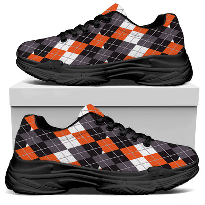 Halloween Themed Argyle Pattern Print Black Chunky Shoes