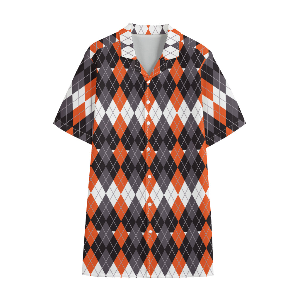 Halloween Themed Argyle Pattern Print Cotton Hawaiian Shirt
