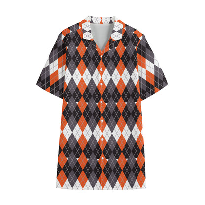 Halloween Themed Argyle Pattern Print Cotton Hawaiian Shirt