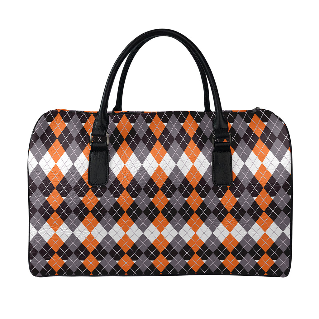 Halloween Themed Argyle Pattern Print Leather Duffle Bag