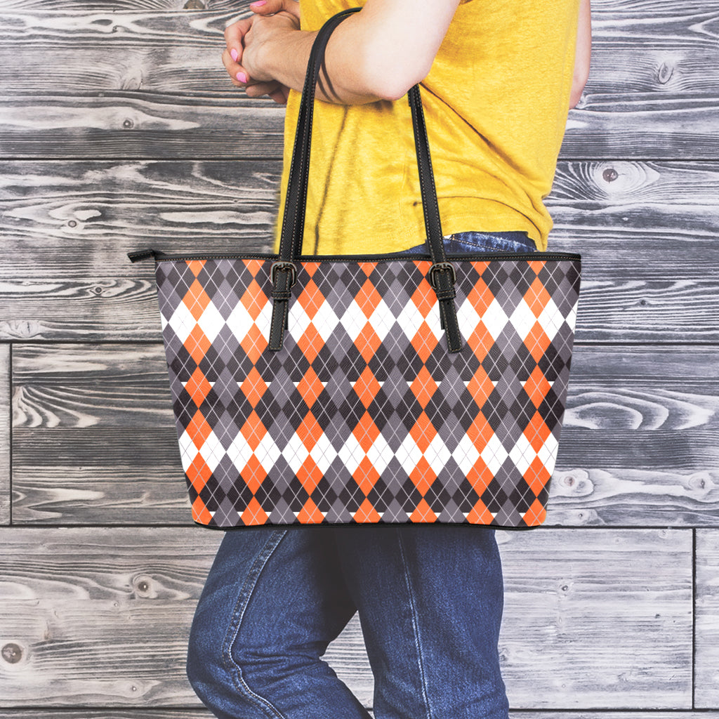 Halloween Themed Argyle Pattern Print Leather Tote Bag
