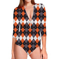 Halloween Themed Argyle Pattern Print Long Sleeve Swimsuit