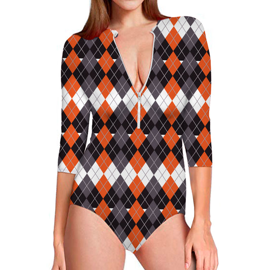 Halloween Themed Argyle Pattern Print Long Sleeve Swimsuit