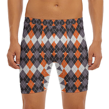Halloween Themed Argyle Pattern Print Men's Long Boxer Briefs