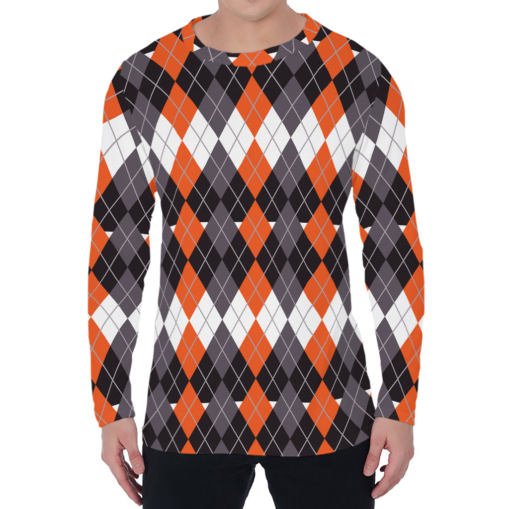 Halloween Themed Argyle Pattern Print Men's Long Sleeve T-Shirt
