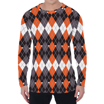 Halloween Themed Argyle Pattern Print Men's Long Sleeve T-Shirt