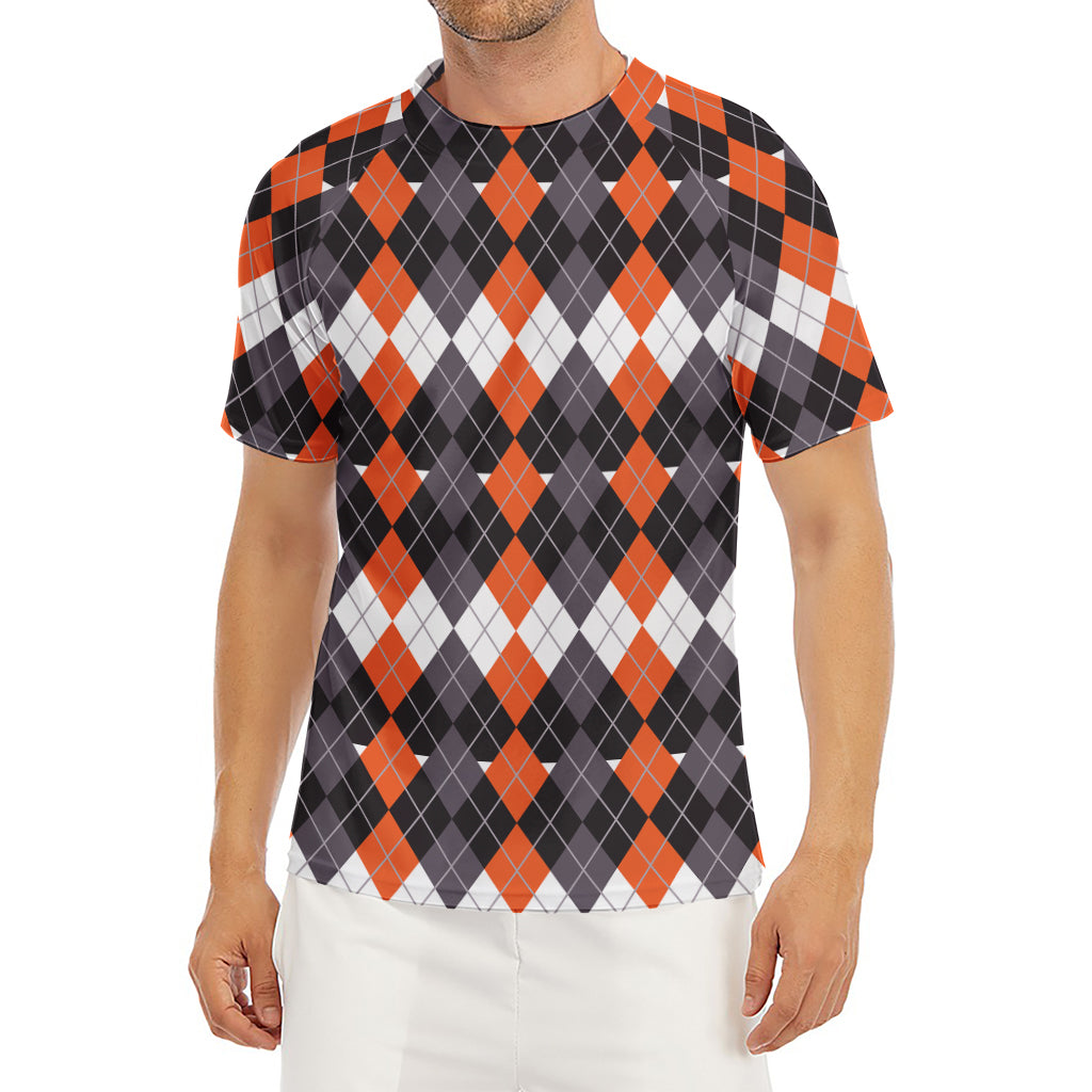 Halloween Themed Argyle Pattern Print Men's Short Sleeve Rash Guard