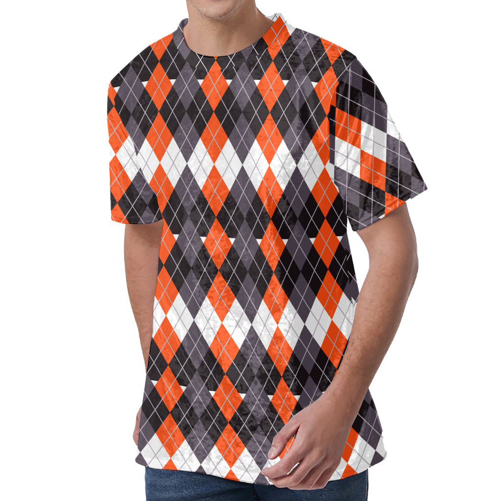 Halloween Themed Argyle Pattern Print Men's Velvet T-Shirt