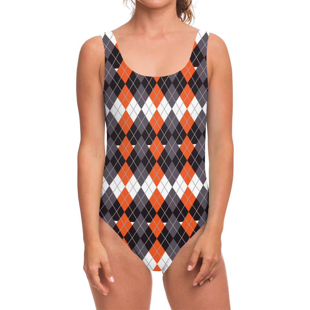 Halloween Themed Argyle Pattern Print One Piece Swimsuit