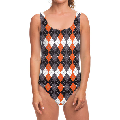 Halloween Themed Argyle Pattern Print One Piece Swimsuit