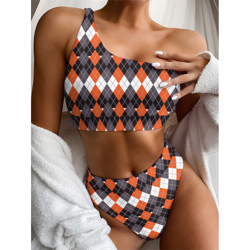Halloween Themed Argyle Pattern Print One Shoulder Bikini Top