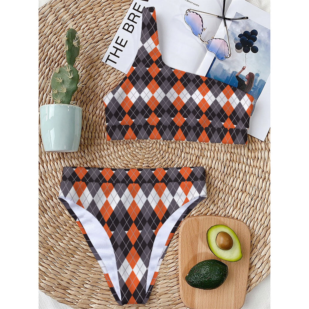Halloween Themed Argyle Pattern Print One Shoulder Bikini Top