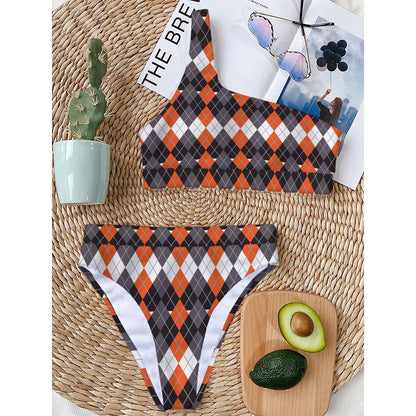 Halloween Themed Argyle Pattern Print One Shoulder Bikini Top