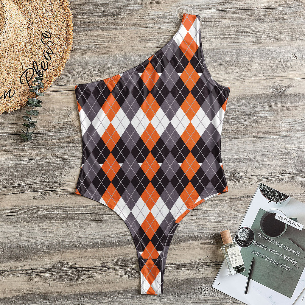 Halloween Themed Argyle Pattern Print One Shoulder Bodysuit