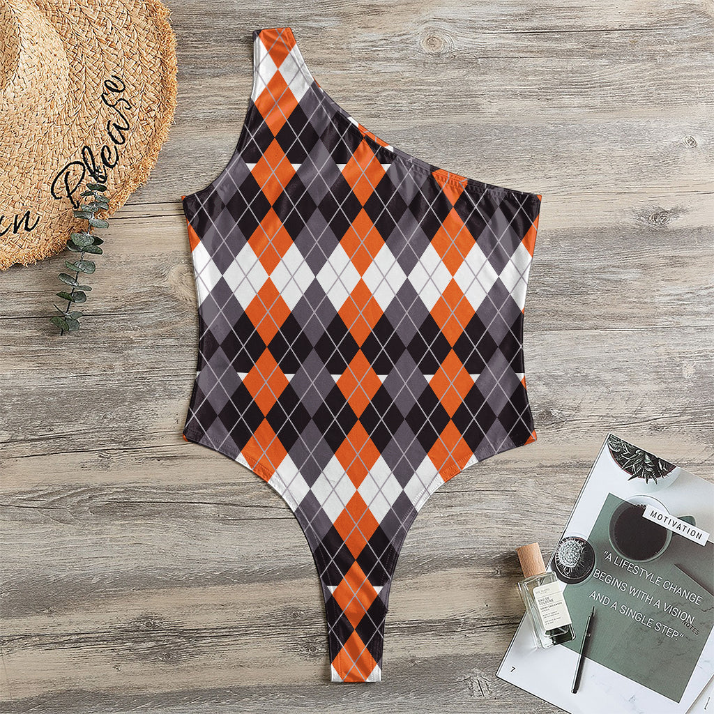 Halloween Themed Argyle Pattern Print One Shoulder Bodysuit