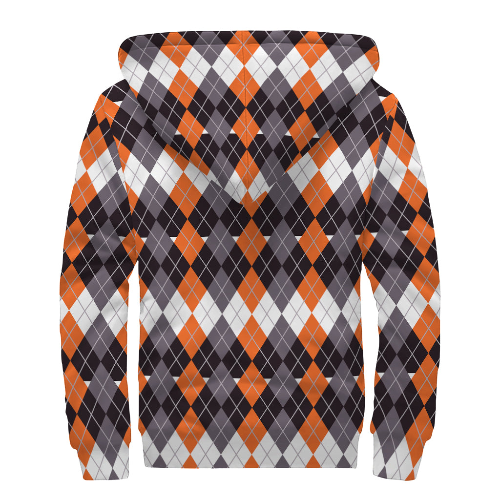 Halloween Themed Argyle Pattern Print Sherpa Lined Zip Up Hoodie